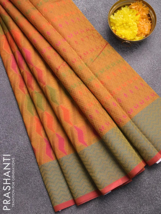 Semi chanderi saree dual shade of mustard yellow and pink shade with allover thread weaves and woven border - {{ collection.title }} by Prashanti Sarees