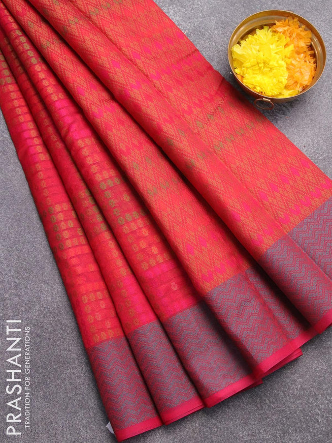 Semi chanderi saree dual shade of reddish pink and with allover thread weaves and woven border - {{ collection.title }} by Prashanti Sarees