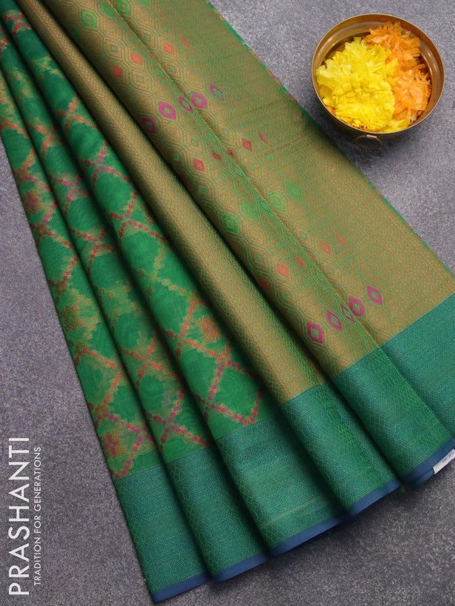 Semi chanderi saree green and blue with allover thread weaves and woven border - {{ collection.title }} by Prashanti Sarees