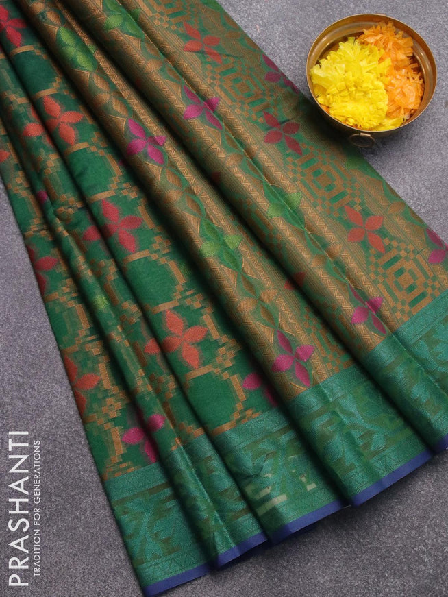 Semi chanderi saree green shade and blue with allover thread weaves and woven border - {{ collection.title }} by Prashanti Sarees