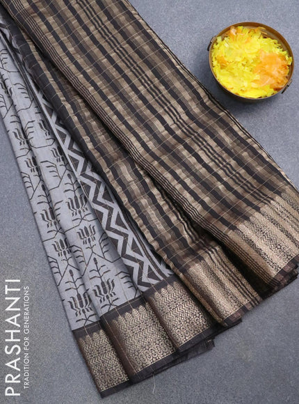 Semi chanderi saree grey and black with allover prints & zari checked pattern and zari woven border - {{ collection.title }} by Prashanti Sarees