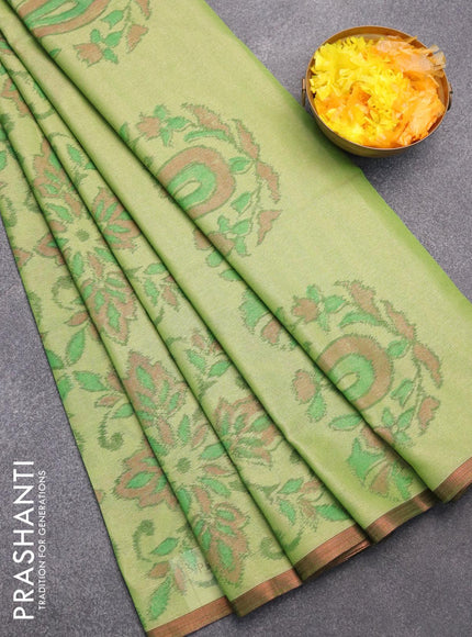 Semi chanderi saree light green with allover ikat weaves and zari woven piping border - {{ collection.title }} by Prashanti Sarees