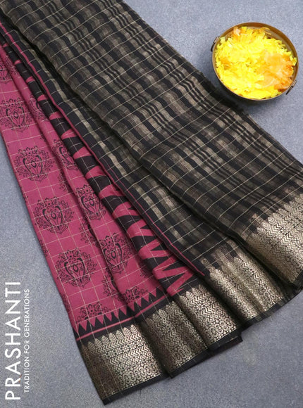 Semi chanderi saree maroon shade and black with allover prints & zari checked pattern and zari woven border - {{ collection.title }} by Prashanti Sarees