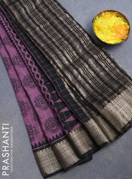 Semi chanderi saree mild purple and black with allover prints & zari checked pattern and zari woven border - {{ collection.title }} by Prashanti Sarees