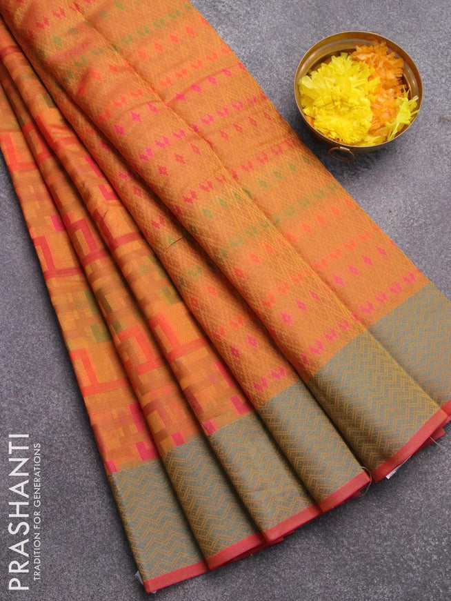 Semi chanderi saree mustard yellow and pink shade with allover thread weaves and woven border - {{ collection.title }} by Prashanti Sarees