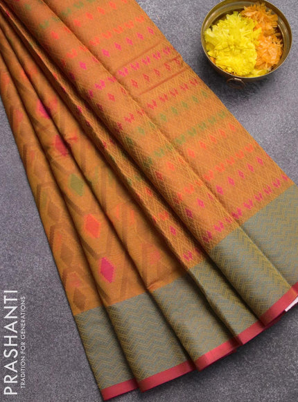 Semi chanderi saree mustard yellow and pink with allover thread weaves and woven border - {{ collection.title }} by Prashanti Sarees