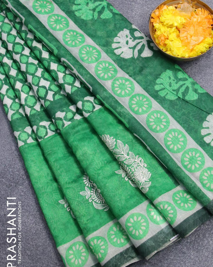 Semi chanderi saree off white and green with allover prints and embroidery butta border - {{ collection.title }} by Prashanti Sarees