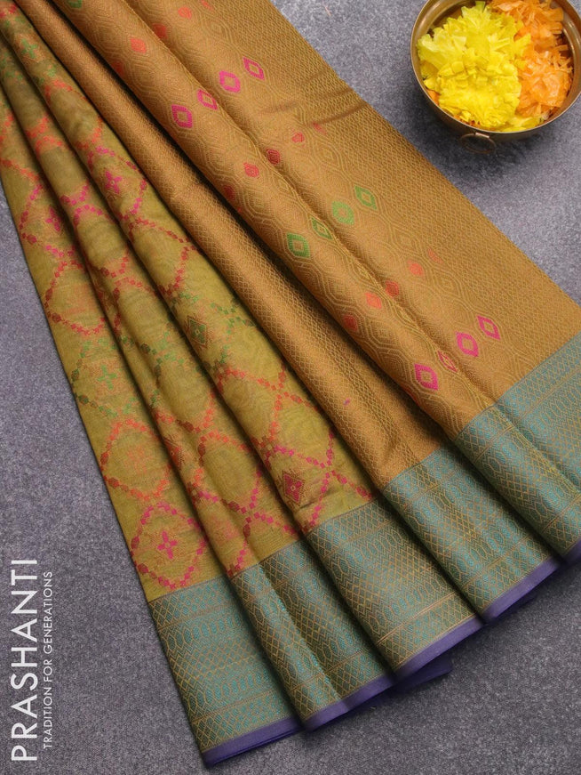 Semi chanderi saree olive green shade and blue with allover thread weaves and woven border - {{ collection.title }} by Prashanti Sarees