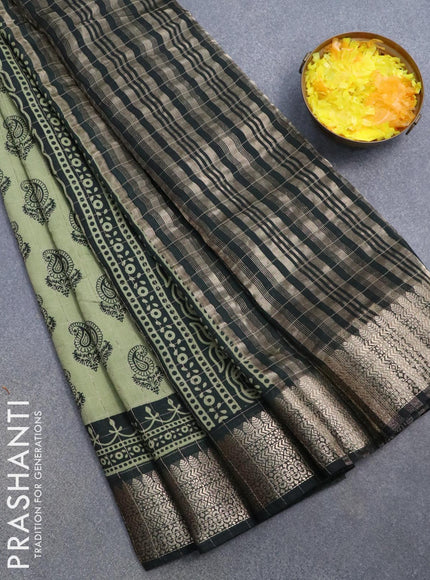 Semi chanderi saree pastel green and black with allover paisley prints & zari checked pattern and zari woven border - {{ collection.title }} by Prashanti Sarees