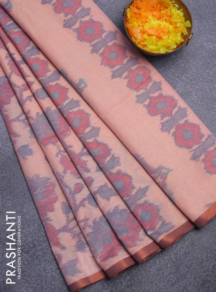 Semi chanderi saree pastel pink with allover ikat weaves and zari woven piping border - {{ collection.title }} by Prashanti Sarees