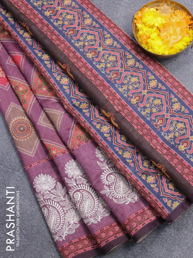 Semi chanderi saree purple shade with bandhani & ajrakh prints and embroidery butta border - {{ collection.title }} by Prashanti Sarees