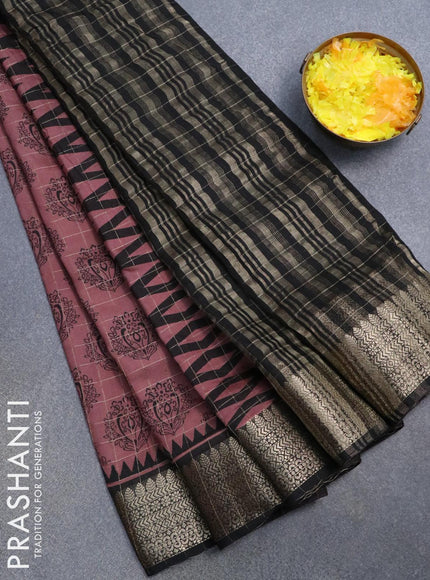 Semi chanderi saree rosy brown and black with allover prints & zari checked pattern and zari woven border - {{ collection.title }} by Prashanti Sarees