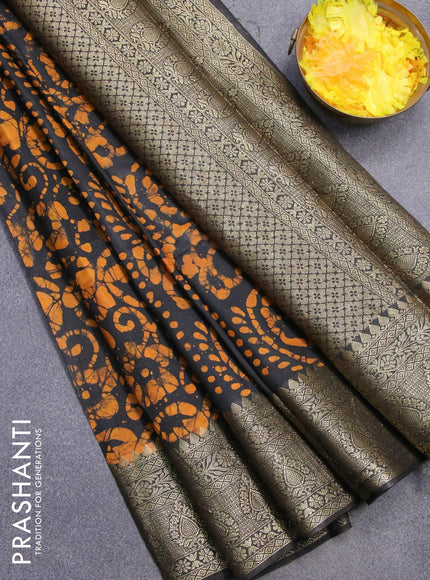 Semi dola saree black and mustard yellow with allover batik prints and kanjivaram style border - {{ collection.title }} by Prashanti Sarees