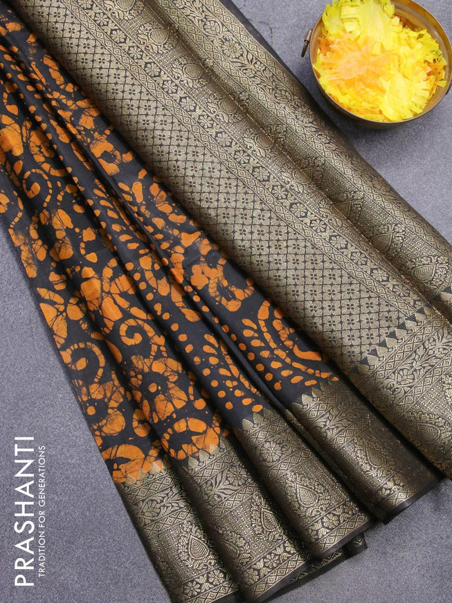 Semi dola saree black and mustard yellow with allover batik prints and kanjivaram style border - {{ collection.title }} by Prashanti Sarees