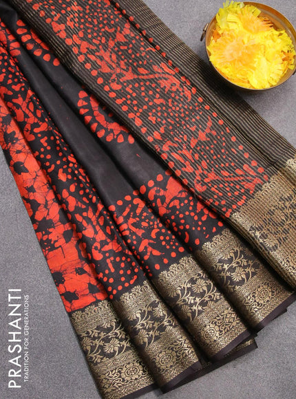 Semi dola saree black and orange with allover batik prints and kanjivaram style border - {{ collection.title }} by Prashanti Sarees