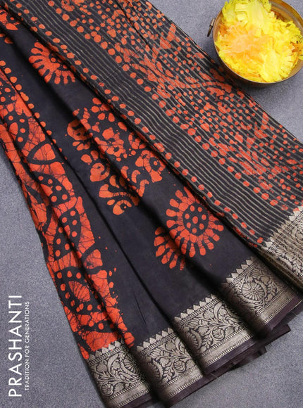 Semi dola saree black and orange with allover batik prints and kanjivaram style border - {{ collection.title }} by Prashanti Sarees