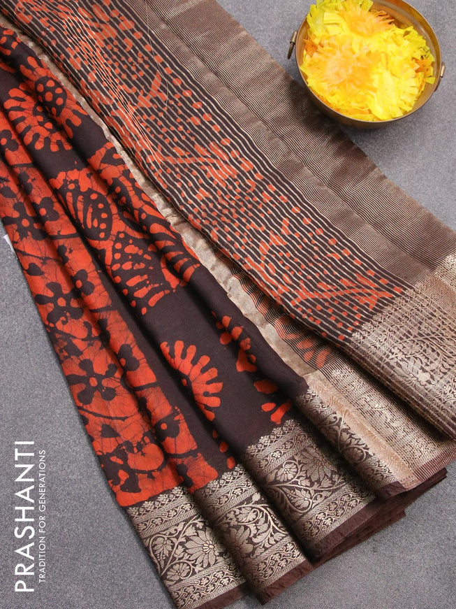 Semi dola saree brown and orange with allover batik prints and kanjivaram style border - {{ collection.title }} by Prashanti Sarees