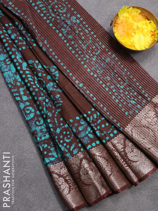 Semi dola saree brown and teal blue with allover batik prints and kanjivaram style border - {{ collection.title }} by Prashanti Sarees