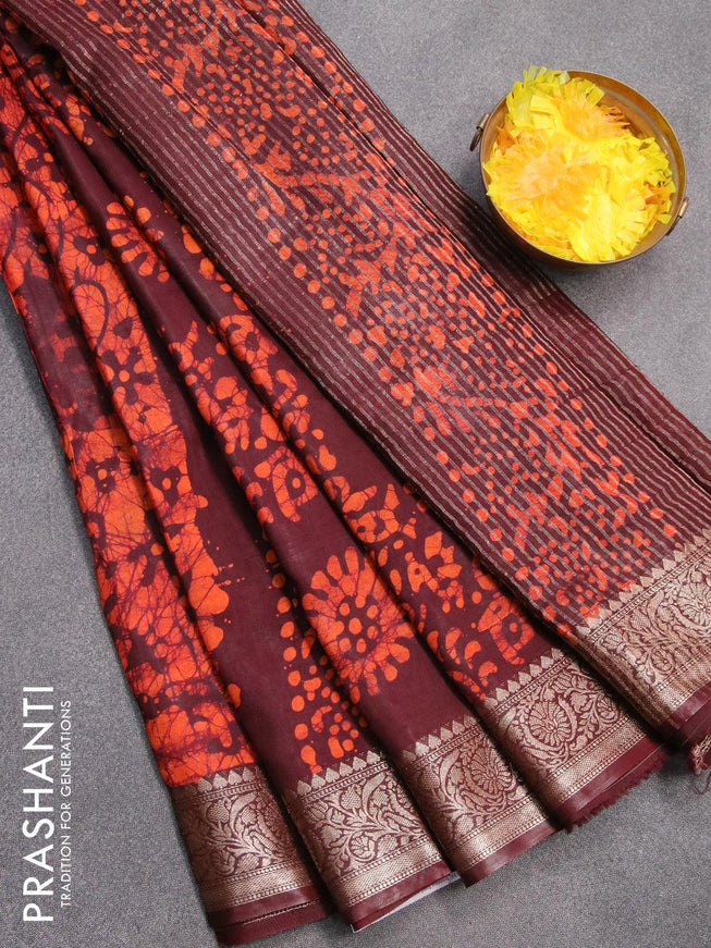 Semi dola saree coffee brown and orange with allover batik prints and kanjivaram style border - {{ collection.title }} by Prashanti Sarees