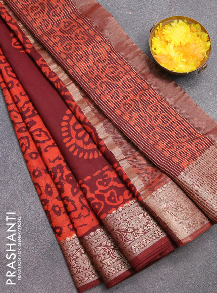 Semi dola saree coffee brown and rustic orange with allover batik prints and kanjivaram style border - {{ collection.title }} by Prashanti Sarees