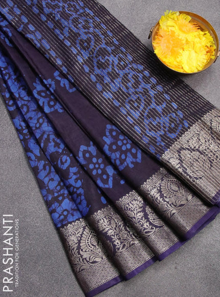 Semi dola saree dark blue and blue with allover batik prints and kanjivaram style border - {{ collection.title }} by Prashanti Sarees