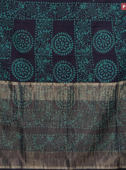 Semi dola saree dark blue and teal green shade with allover batik prints and kanjivaram style border - {{ collection.title }} by Prashanti Sarees