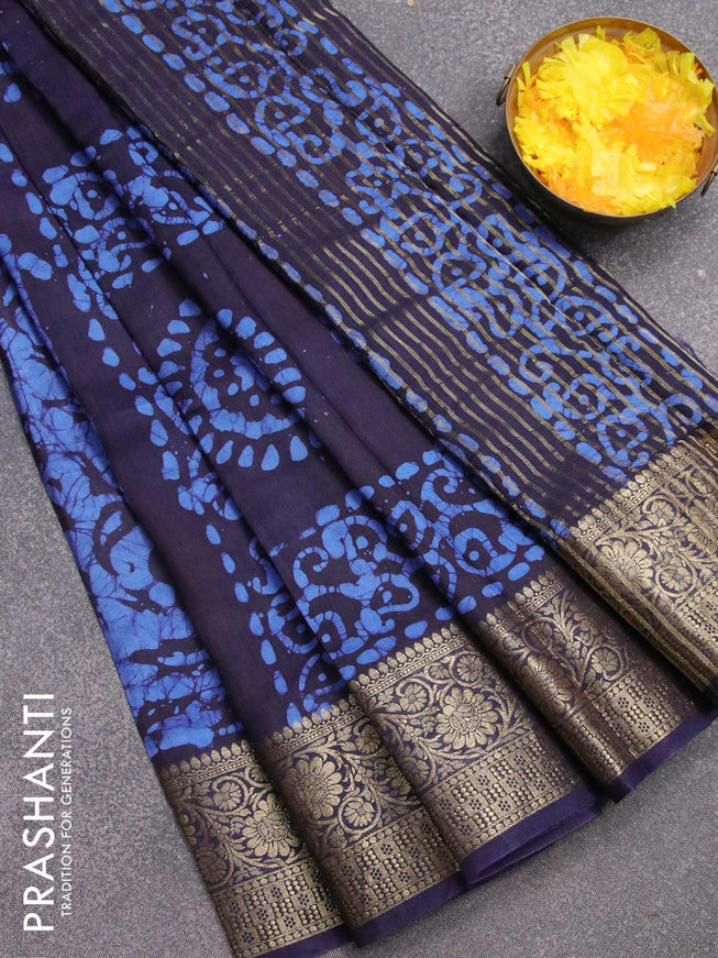 Semi dola saree dark blue with allover batik prints and kanjivaram style border - {{ collection.title }} by Prashanti Sarees