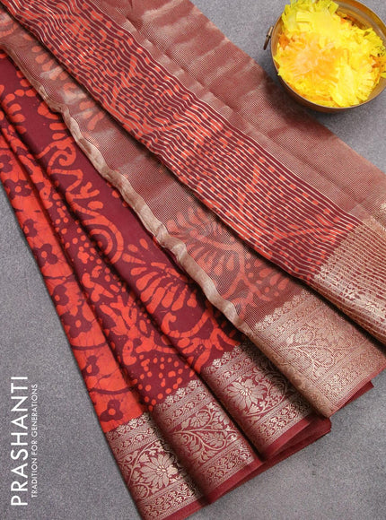 Semi dola saree dark maroon and orange with allover batik prints and kanjivaram style border - {{ collection.title }} by Prashanti Sarees