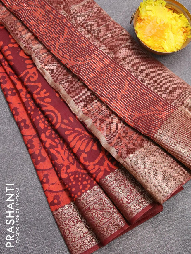 Semi dola saree dark maroon and orange with allover batik prints and kanjivaram style border - {{ collection.title }} by Prashanti Sarees