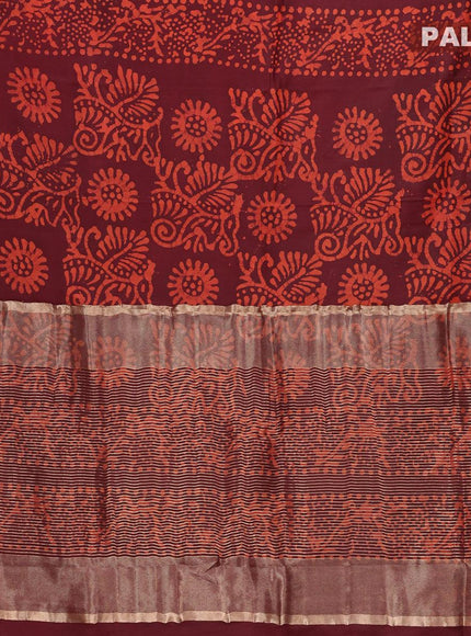 Semi dola saree dark maroon and orange with allover batik prints and kanjivaram style border - {{ collection.title }} by Prashanti Sarees