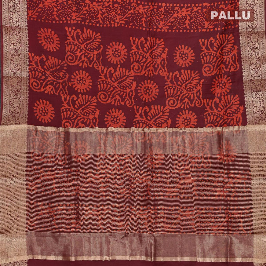 Semi dola saree dark maroon and orange with allover batik prints and kanjivaram style border - {{ collection.title }} by Prashanti Sarees