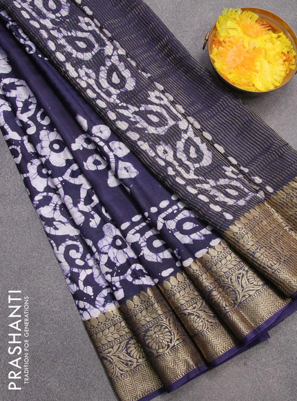 Semi dola saree dark navy blue and off white with allover batik prints and kanjivaram style border - {{ collection.title }} by Prashanti Sarees