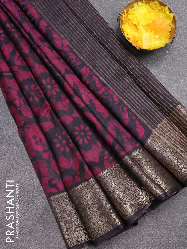 Semi dola saree dark navy blue and purple with allover batik prints and kanjivaram style border - {{ collection.title }} by Prashanti Sarees