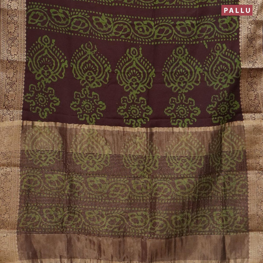 Semi dola saree deep coffee brown and green with allover batik prints and kanjivaram style border - {{ collection.title }} by Prashanti Sarees