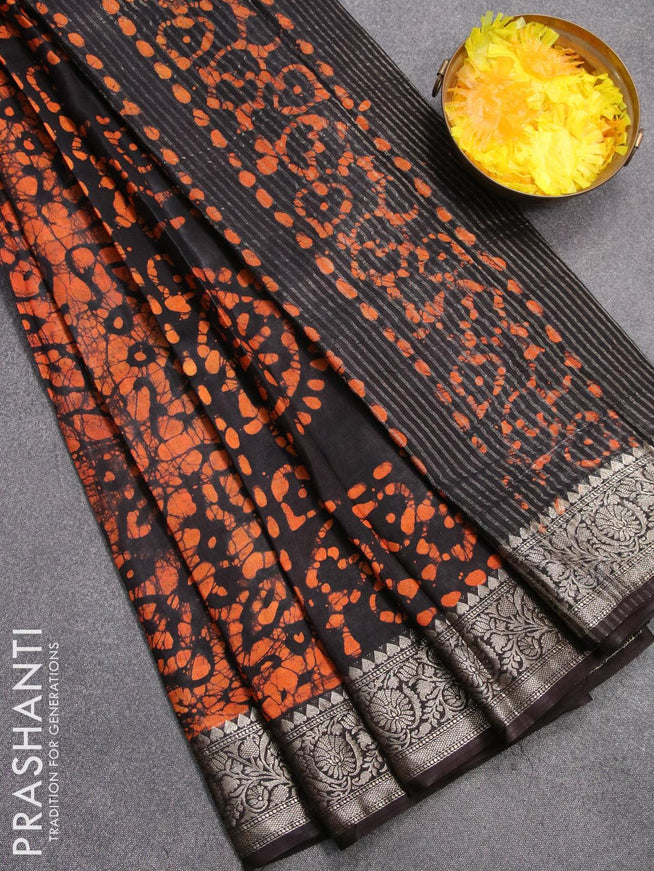 Semi dola saree deep coffee brown and orange with allover batik prints and kanjivaram style border - {{ collection.title }} by Prashanti Sarees