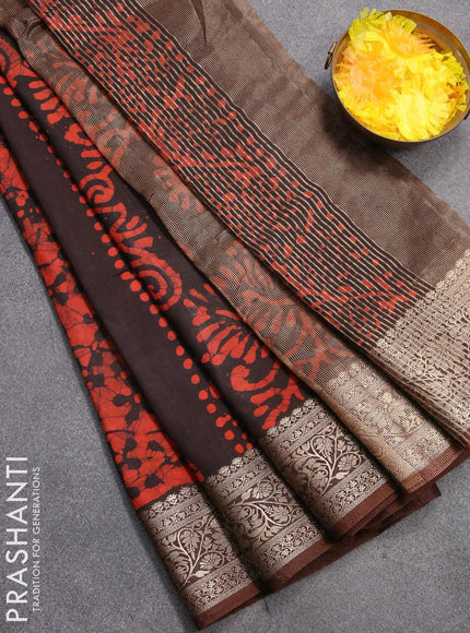 Semi dola saree deep coffee brown and orange with allover batik prints and kanjivaram style border - {{ collection.title }} by Prashanti Sarees