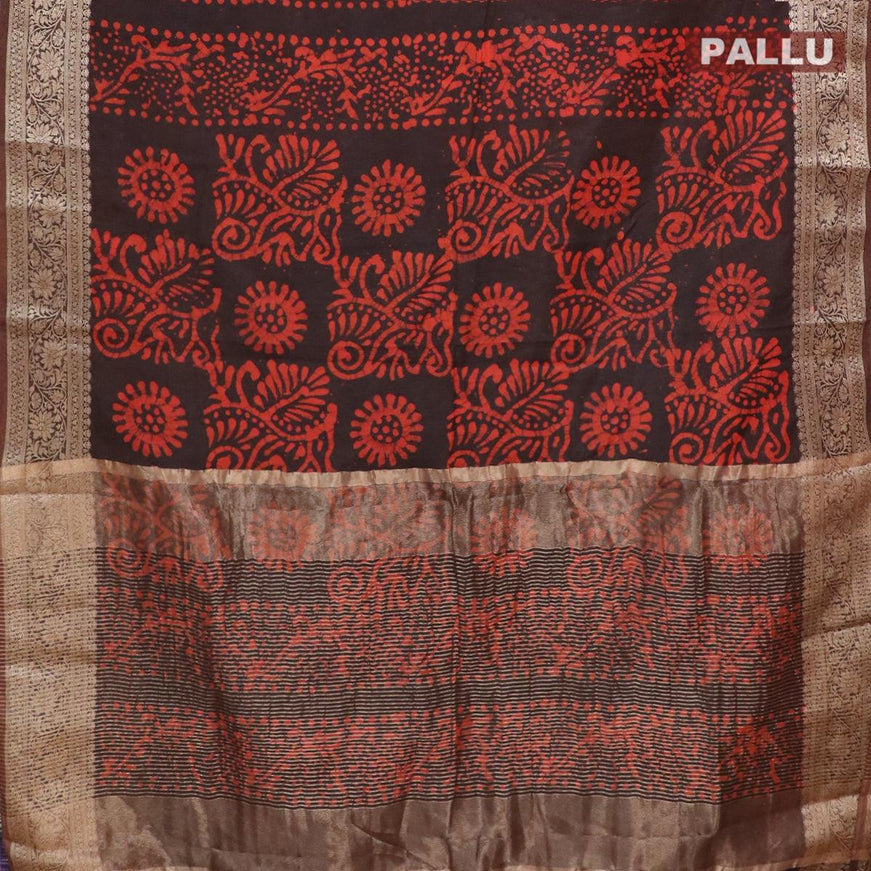 Semi dola saree deep coffee brown and orange with allover batik prints and kanjivaram style border - {{ collection.title }} by Prashanti Sarees