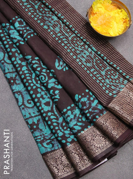 Semi dola saree deep coffee brown and teal shade with allover batik prints and kanjivaram style border - {{ collection.title }} by Prashanti Sarees