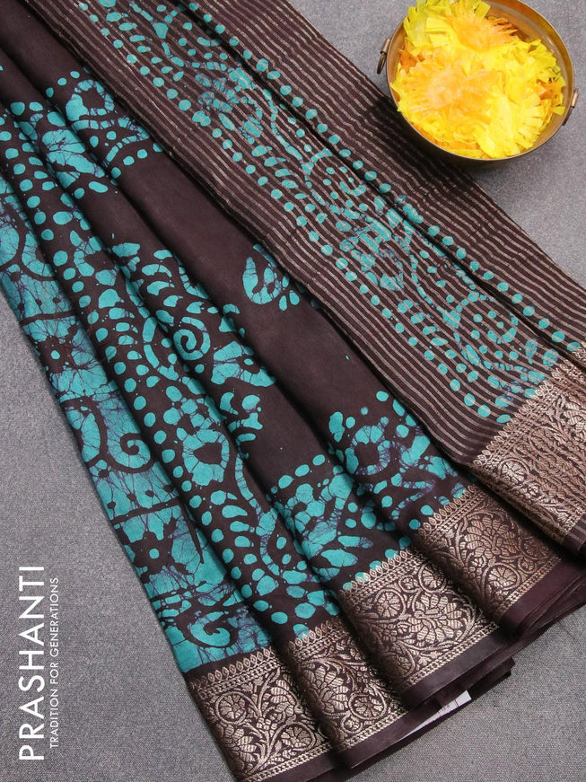 Semi dola saree deep coffee brown and teal shade with allover batik prints and kanjivaram style border - {{ collection.title }} by Prashanti Sarees