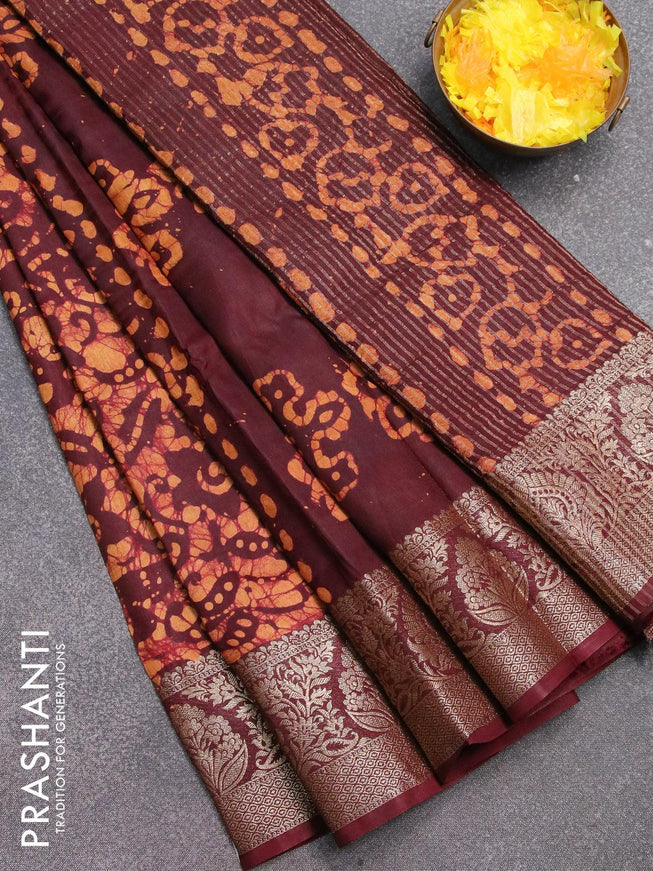 Semi dola saree deep maroon and mustard shade with allover batik prints and kanjivaram style border - {{ collection.title }} by Prashanti Sarees