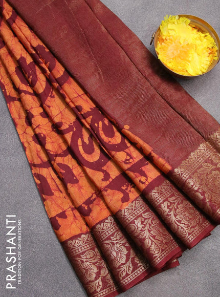 Semi dola saree deep maroon and mustard yellow with allover batik prints and kanjivaram style border - {{ collection.title }} by Prashanti Sarees