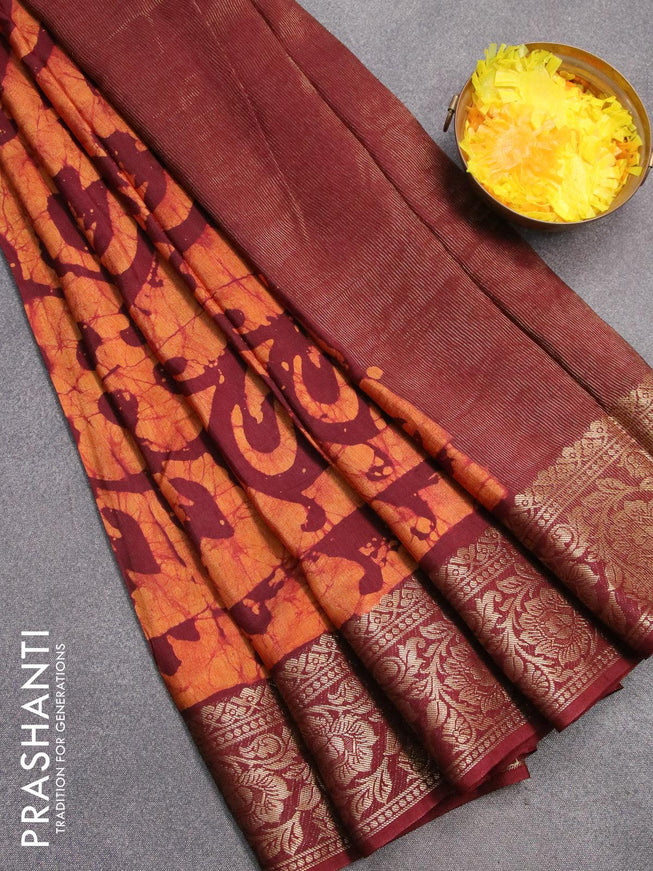 Semi dola saree deep maroon and mustard yellow with allover batik prints and kanjivaram style border - {{ collection.title }} by Prashanti Sarees