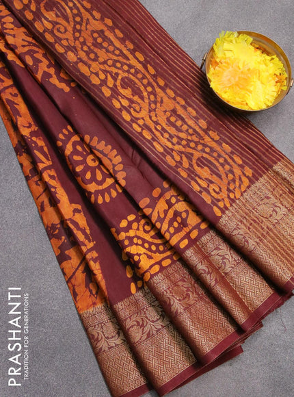 Semi dola saree deep maroon and mustard yellow with allover batik prints and kanjivaram style border - {{ collection.title }} by Prashanti Sarees