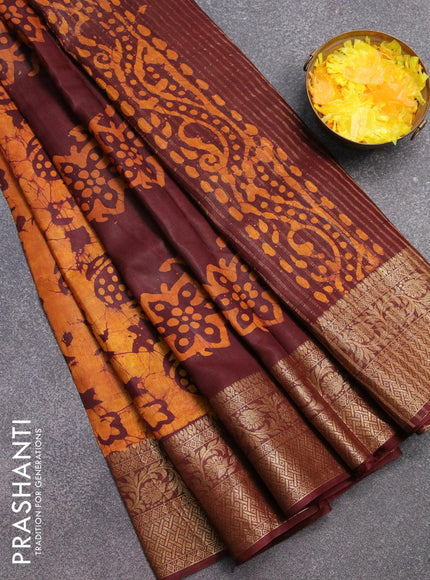 Semi dola saree deep maroon and mustard yellow with allover batik prints and kanjivaram style border - {{ collection.title }} by Prashanti Sarees