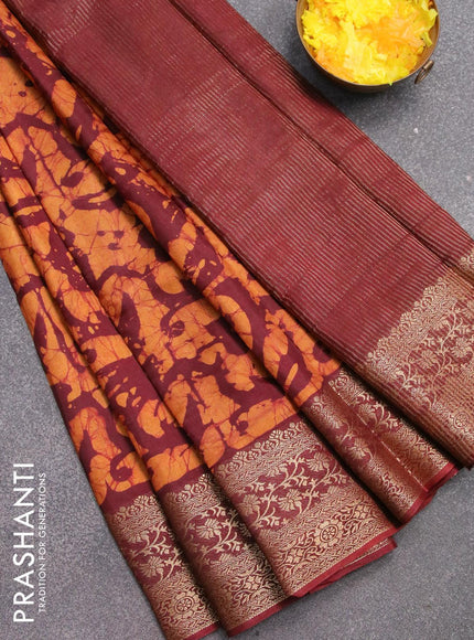 Semi dola saree deep maroon and mustard yellow with allover batik prints and kanjivaram style border - {{ collection.title }} by Prashanti Sarees