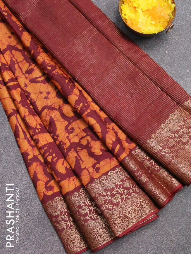 Semi dola saree deep maroon and mustard yellow with allover batik prints and kanjivaram style border - {{ collection.title }} by Prashanti Sarees