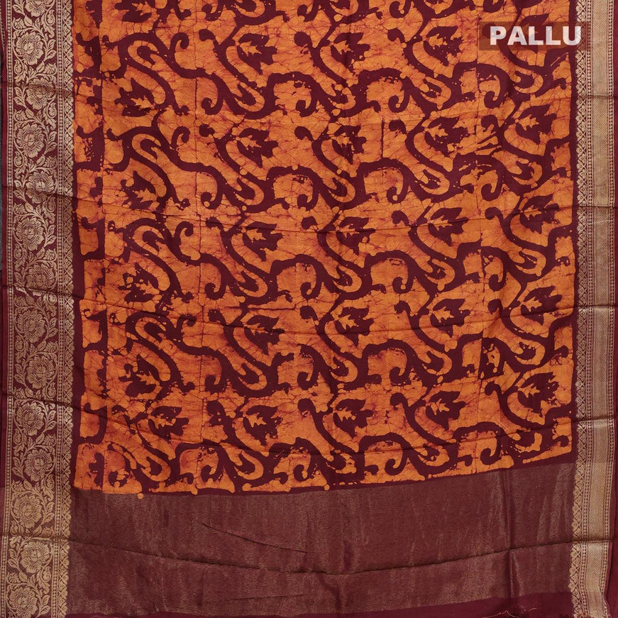 Semi dola saree deep maroon and mustard yellow with allover batik prints and kanjivaram style border - {{ collection.title }} by Prashanti Sarees