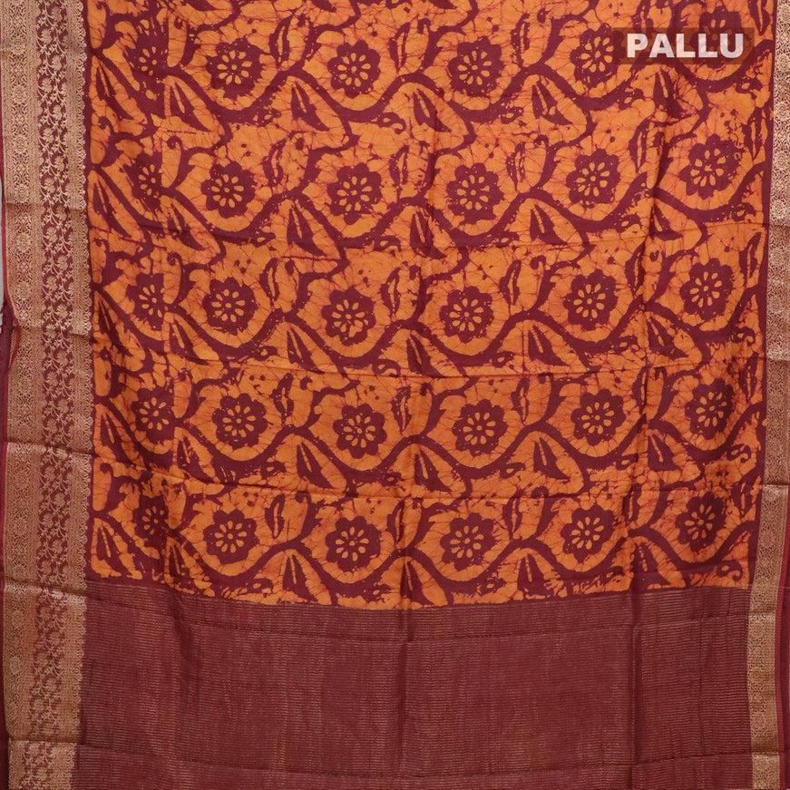 Semi dola saree deep maroon and mustard yellow with allover batik prints and kanjivaram style border - {{ collection.title }} by Prashanti Sarees