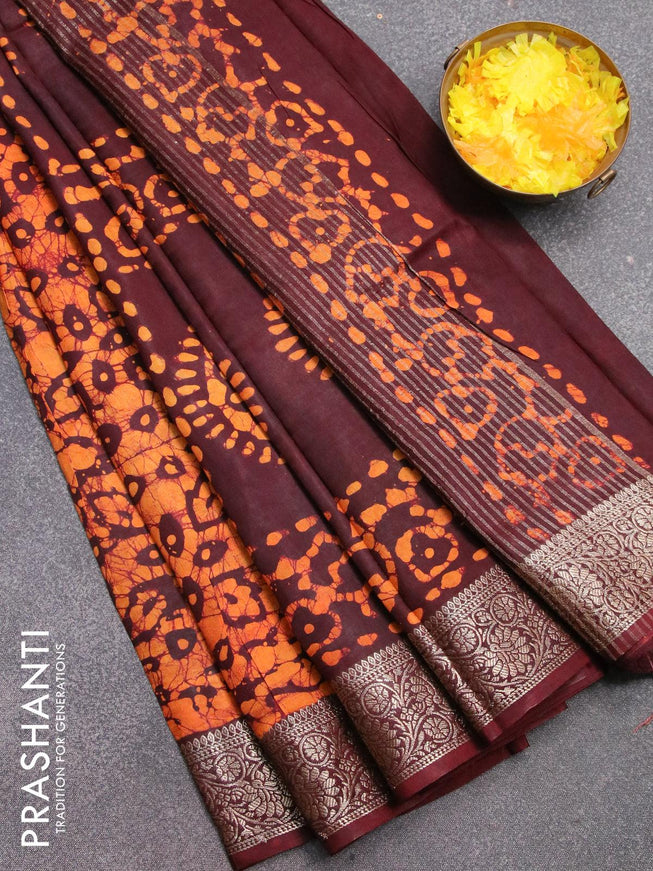 Semi dola saree deep maroon and orange with allover batik prints and kanjivaram style border - {{ collection.title }} by Prashanti Sarees