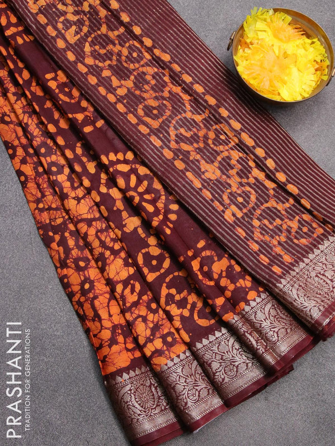 Semi dola saree deep maroon and orange with allover batik prints and kanjivaram style border - {{ collection.title }} by Prashanti Sarees